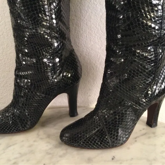 The Fry Co “AVA” Black Snakeskin Knee-High Boots