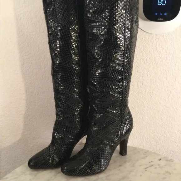 The Fry Co “AVA” Black Snakeskin Knee-High Boots
