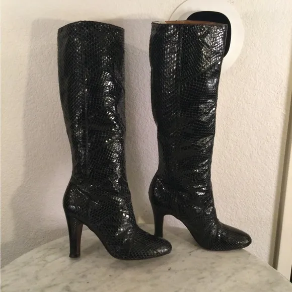 The Fry Co “AVA” Black Snakeskin Knee-High Boots
