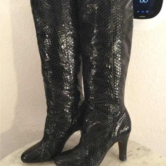 The Fry Co “AVA” Black Snakeskin Knee-High Boots