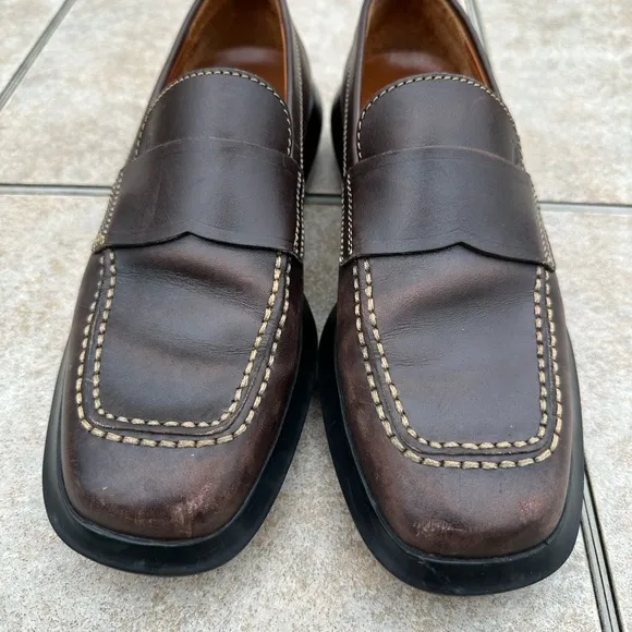 TOD'S Women's Brown Leather Driving Loafers Moc Square Toe Casual Shoes stitched