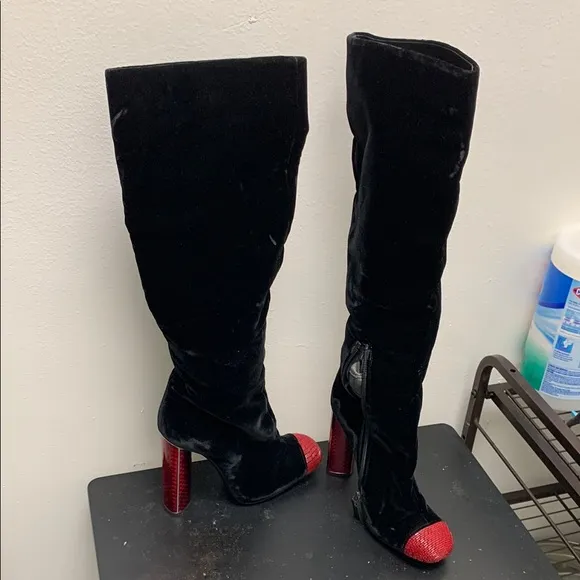 Tom Ford Black and Red Velvet Knee-High Boots