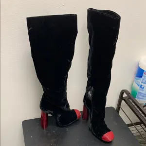 Tom Ford Black and Red Velvet Knee-High Boots
