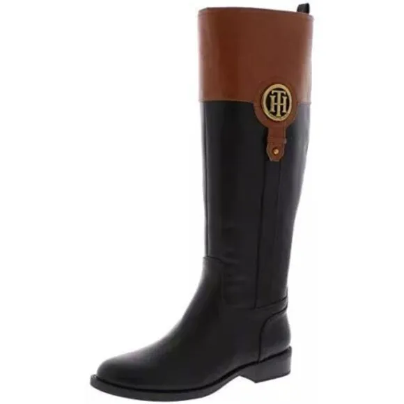 Tommy Hilfiger Ilia Women Black/Brown Leather Almond Toe KneeHigh Riding Boot 6M