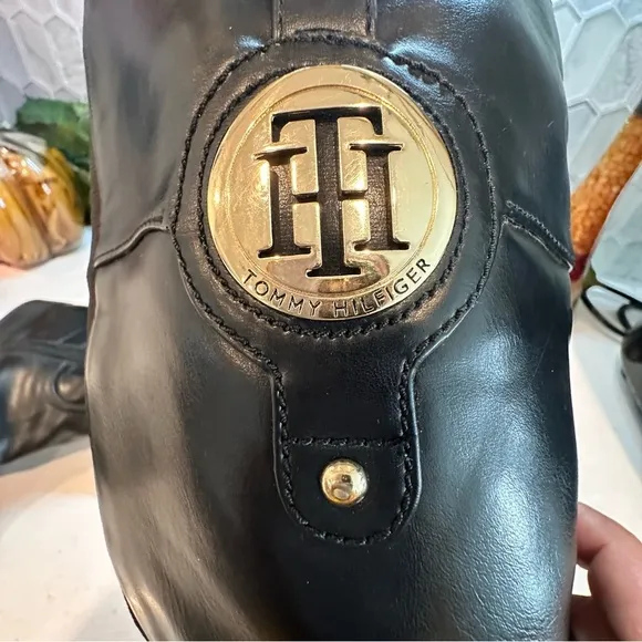 TOMMY HILFIGER Ivane Black Leather Boots with Sliver Monogram, EUC