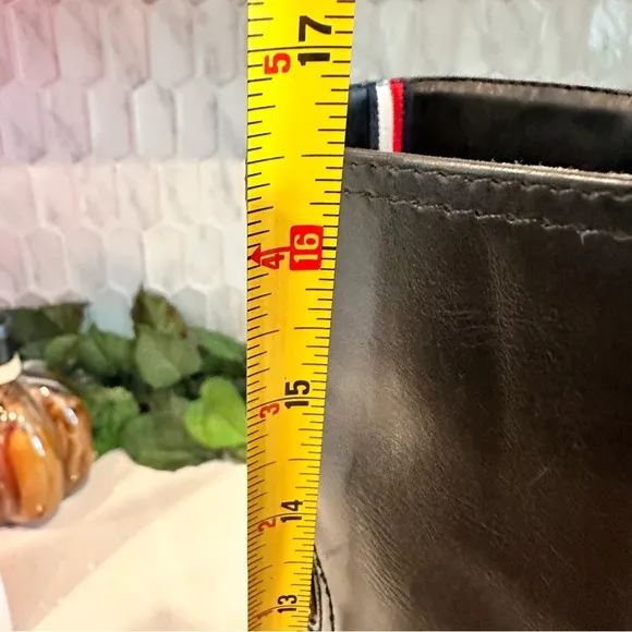 TOMMY HILFIGER Ivane Black Leather Boots with Sliver Monogram, EUC