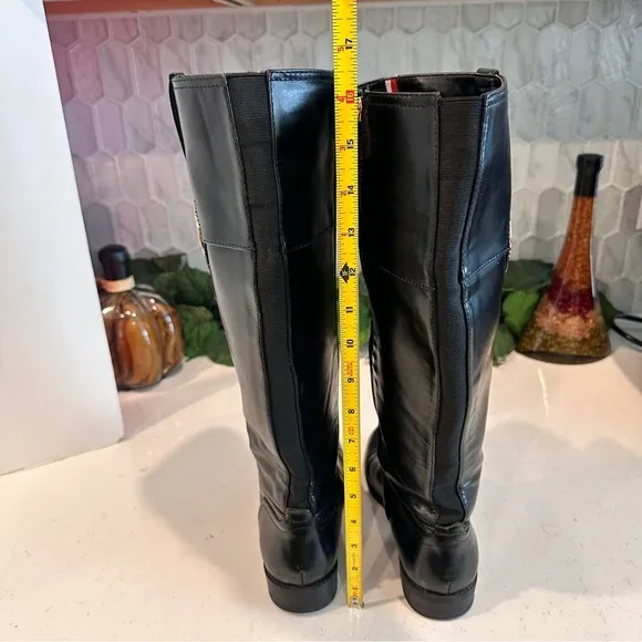 TOMMY HILFIGER Ivane Black Leather Boots with Sliver Monogram, EUC