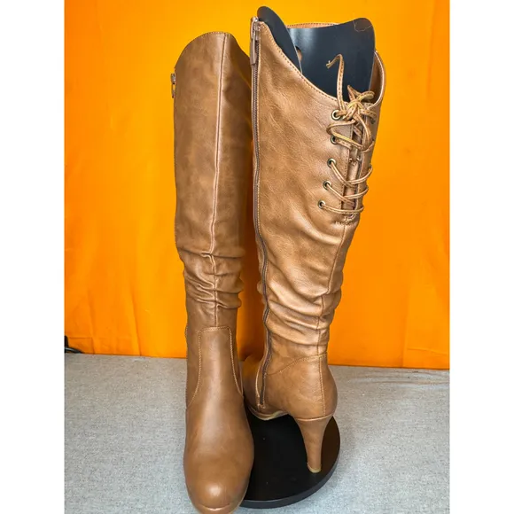 Top Moda Knee High Lace Zip Up Brown Heeled Boots