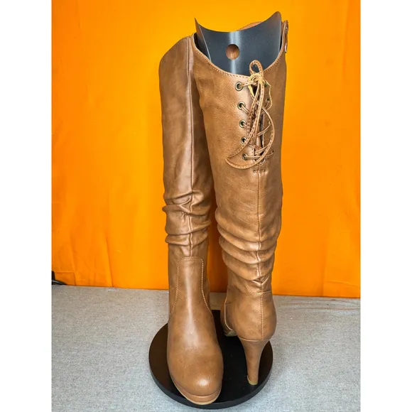 Top Moda Knee High Lace Zip Up Brown Heeled Boots