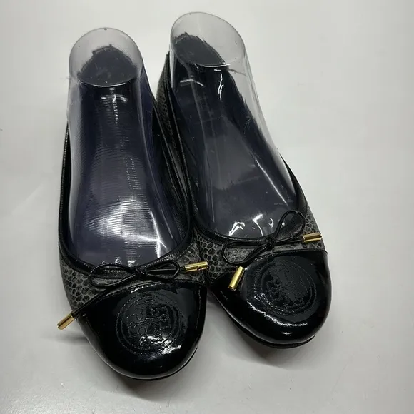 Tory Burch Ballet Flat Shoes Faux Snakeskin Leather Captoe Black Gray Size 8.5