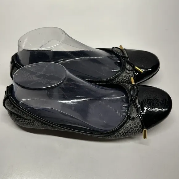 Tory Burch Ballet Flat Shoes Faux Snakeskin Leather Captoe Black Gray Size 8.5