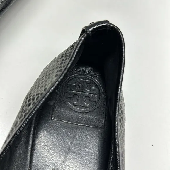 Tory Burch Ballet Flat Shoes Faux Snakeskin Leather Captoe Black Gray Size 8.5