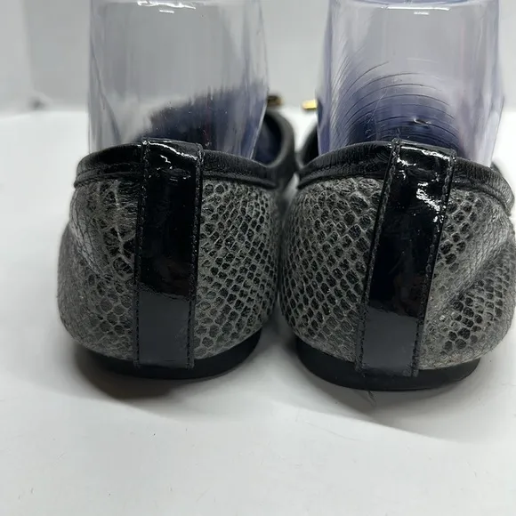 Tory Burch Ballet Flat Shoes Faux Snakeskin Leather Captoe Black Gray Size 8.5