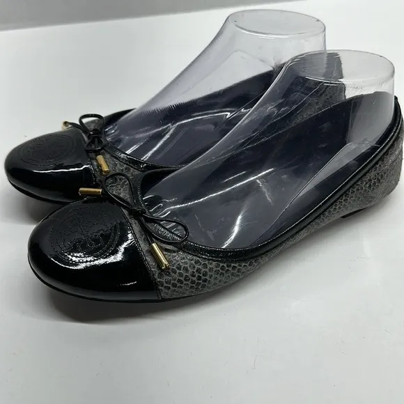 Tory Burch Ballet Flat Shoes Faux Snakeskin Leather Captoe Black Gray Size 8.5