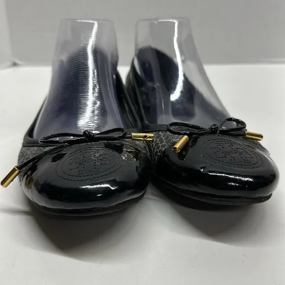 Tory Burch Ballet Flat Shoes Faux Snakeskin Leather Captoe Black Gray Size 8.5