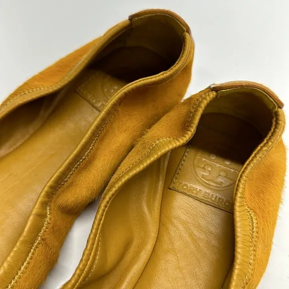 Tory Burch Ballet Flat Shoes Slip On Round Toe Pony Hair Mustard Yellow Size 10