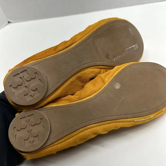 Tory Burch Ballet Flat Shoes Slip On Round Toe Pony Hair Mustard Yellow Size 10