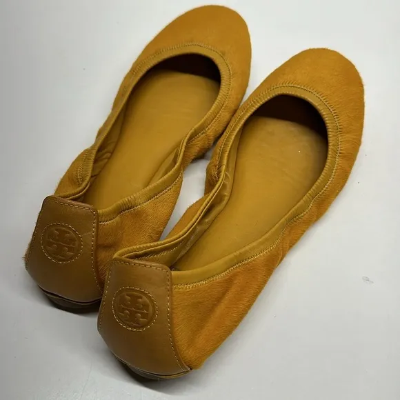 Tory Burch Ballet Flat Shoes Slip On Round Toe Pony Hair Mustard Yellow Size 10