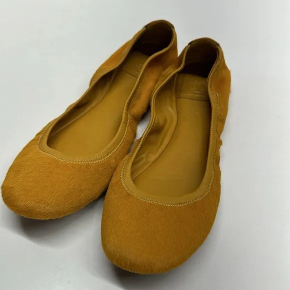 Tory Burch Ballet Flat Shoes Slip On Round Toe Pony Hair Mustard Yellow Size 10