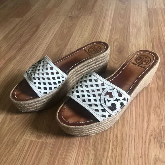 Tory Burch Cutout Leather Espadrille Wedge Platform Sandals Shoes