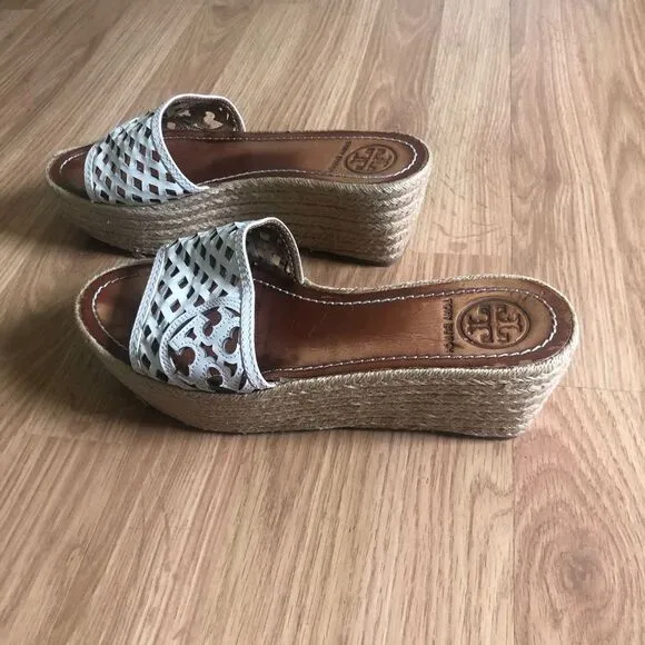 Tory Burch Cutout Leather Espadrille Wedge Platform Sandals Shoes