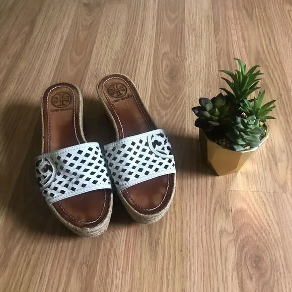 Tory Burch Cutout Leather Espadrille Wedge Platform Sandals Shoes