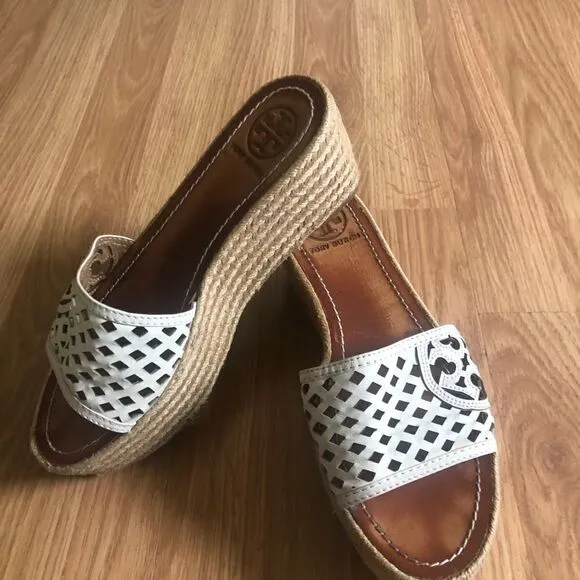Tory Burch Cutout Leather Espadrille Wedge Platform Sandals Shoes