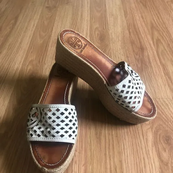 Tory Burch Cutout Leather Espadrille Wedge Platform Sandals Shoes