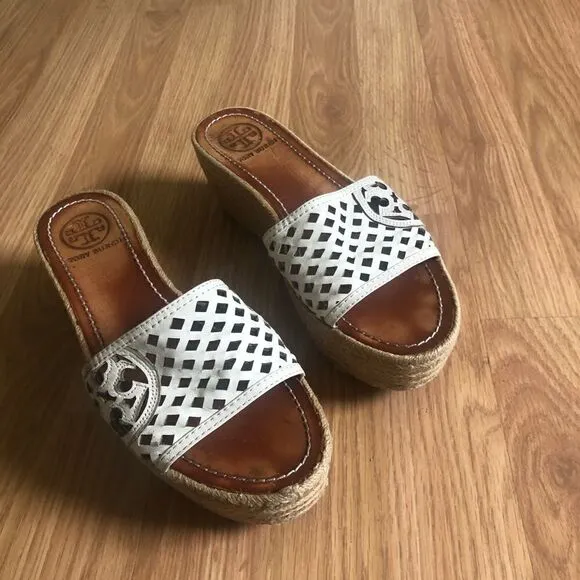 Tory Burch Cutout Leather Espadrille Wedge Platform Sandals Shoes