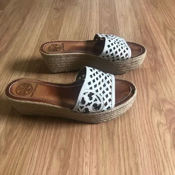 Tory Burch Cutout Leather Espadrille Wedge Platform Sandals Shoes