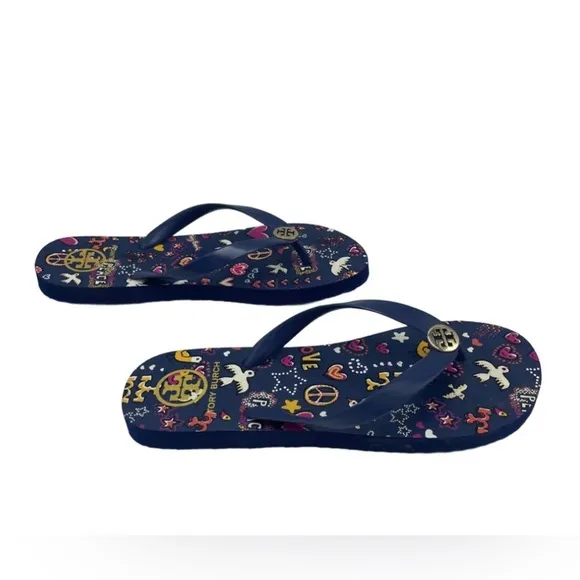Tory Burch Designer Blue Beach Flip Flop TT Sandals Shoes Vacation Womens Size 9