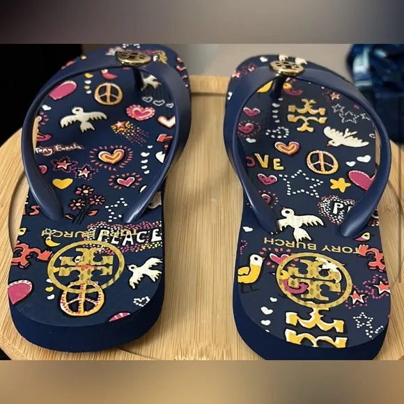 Tory Burch Designer Blue Beach Flip Flop TT Sandals Shoes Vacation Womens Size 9
