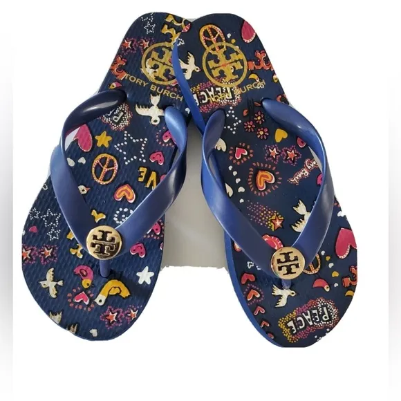 Tory Burch Designer Blue Beach Flip Flop TT Sandals Shoes Vacation Womens Size 9