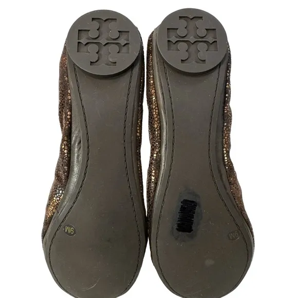 Tory Burch Eddie Metallic Bronze Brown Leopard Print Ballet Flat Shoes Size 9M