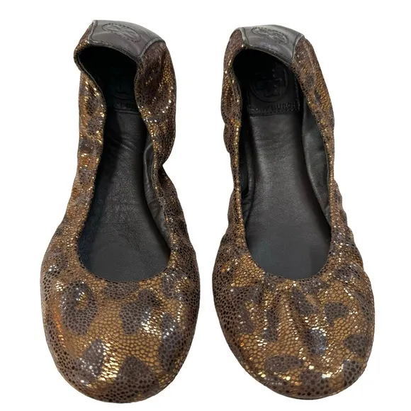 Tory Burch Eddie Metallic Bronze Brown Leopard Print Ballet Flat Shoes Size 9M