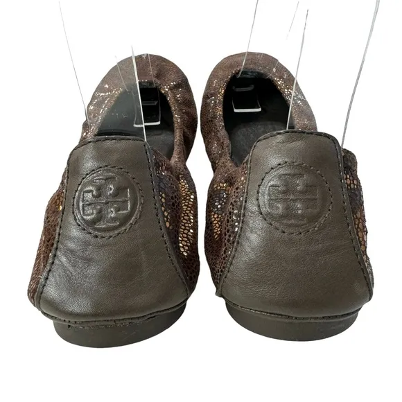 Tory Burch Eddie Metallic Bronze Brown Leopard Print Ballet Flat Shoes Size 9M
