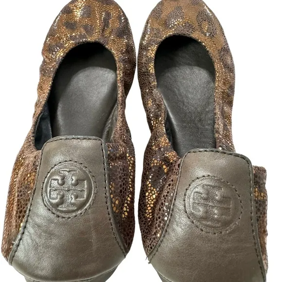 Tory Burch Eddie Metallic Bronze Brown Leopard Print Ballet Flat Shoes Size 9M