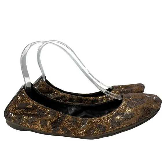 Tory Burch Eddie Metallic Bronze Brown Leopard Print Ballet Flat Shoes Size 9M