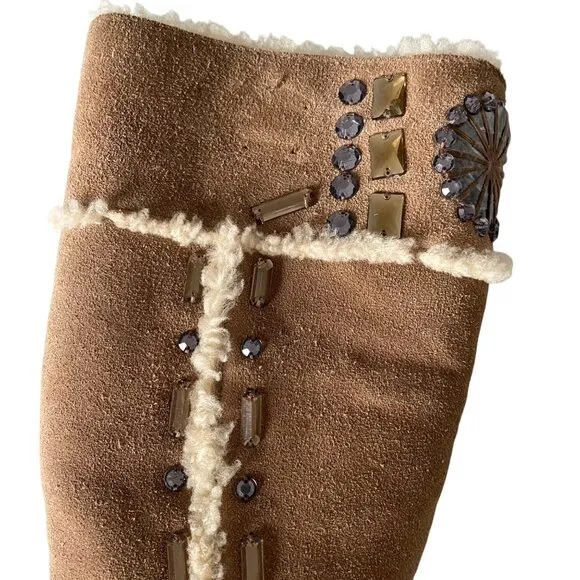 Tory Burch Embellished Jewel Shearling‎ Knee High Moccasin Boots Sz 6 Designer