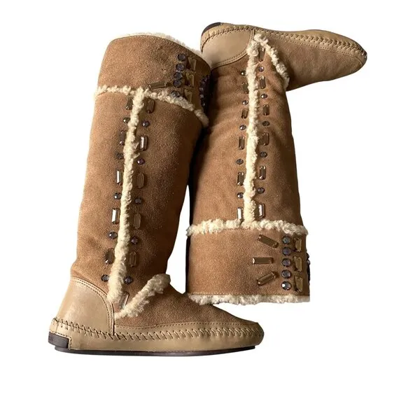 Tory Burch Embellished Jewel Shearling‎ Knee High Moccasin Boots Sz 6 Designer