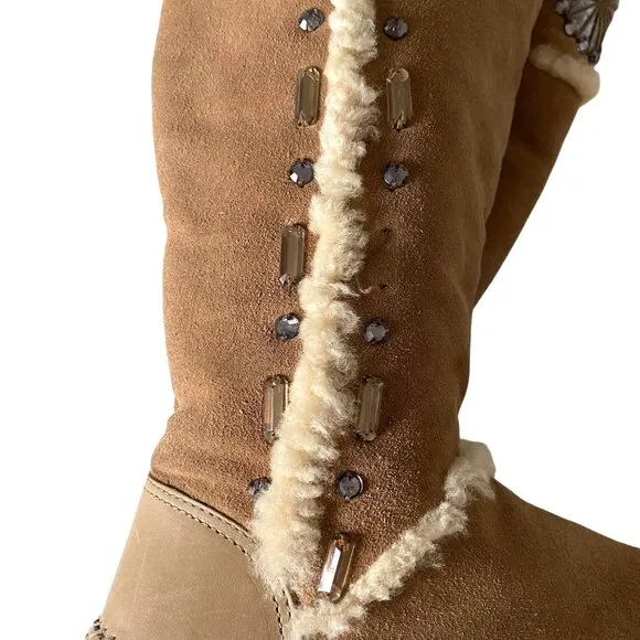 Tory Burch Embellished Jewel Shearling‎ Knee High Moccasin Boots Sz 6 Designer