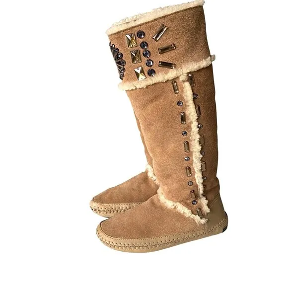 Tory Burch Embellished Jewel Shearling‎ Knee High Moccasin Boots Sz 6 Designer