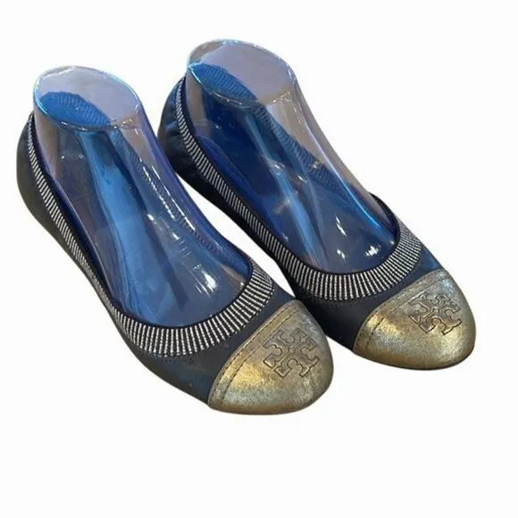 Tory Burch Gold/Brown Leather Scrunch Ballet Flats Size 8.5