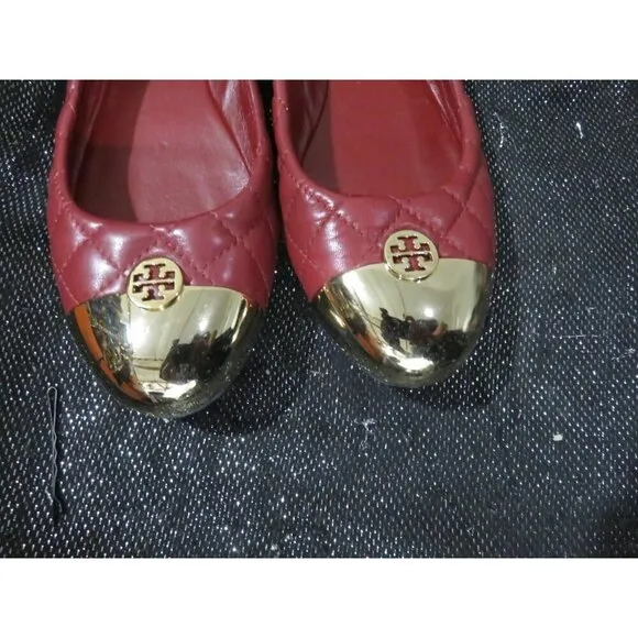 Tory Burch Kaitlin Sangria Red Quilted Leather Ballet Flats Gold Cap Toes size 9