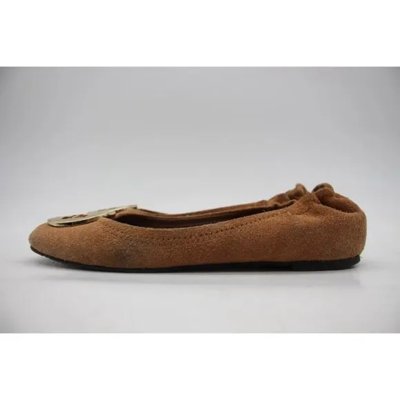 Tory Burch Medallion Flats Women's Size 5.5 M Camel Brown Suede  Ballet Shoes