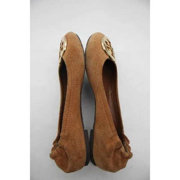 Tory Burch Medallion Flats Women's Size 5.5 M Camel Brown Suede  Ballet Shoes
