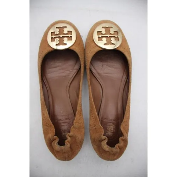 Tory Burch Medallion Flats Women's Size 5.5 M Camel Brown Suede  Ballet Shoes