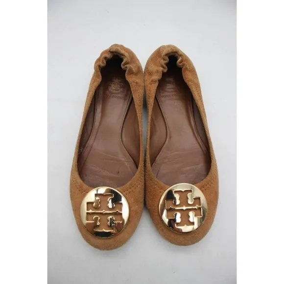 Tory Burch Medallion Flats Women's Size 5.5 M Camel Brown Suede  Ballet Shoes