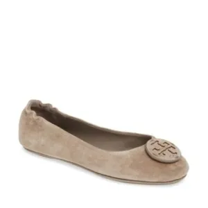 Tory Burch Minnie Suede Ballet Flats Taupe/Gray Leather Slip-On Logo Shoes 7