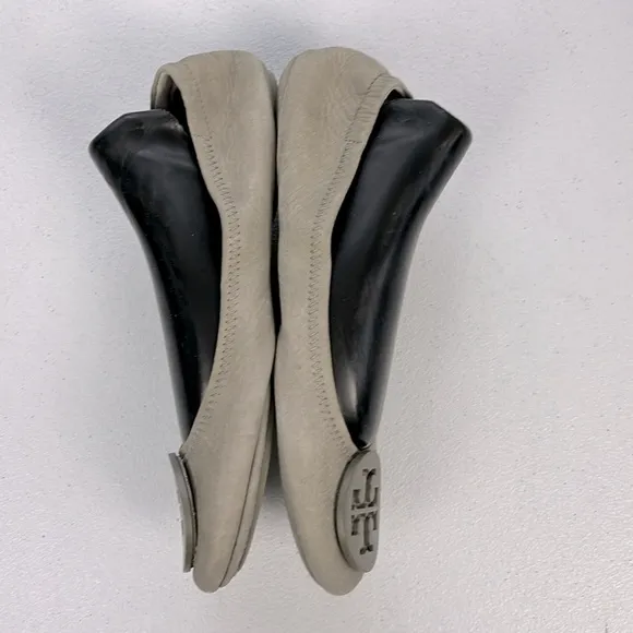 Tory Burch Minnie Suede Ballet Flats Taupe/Gray Leather Slip-On Logo Shoes 7
